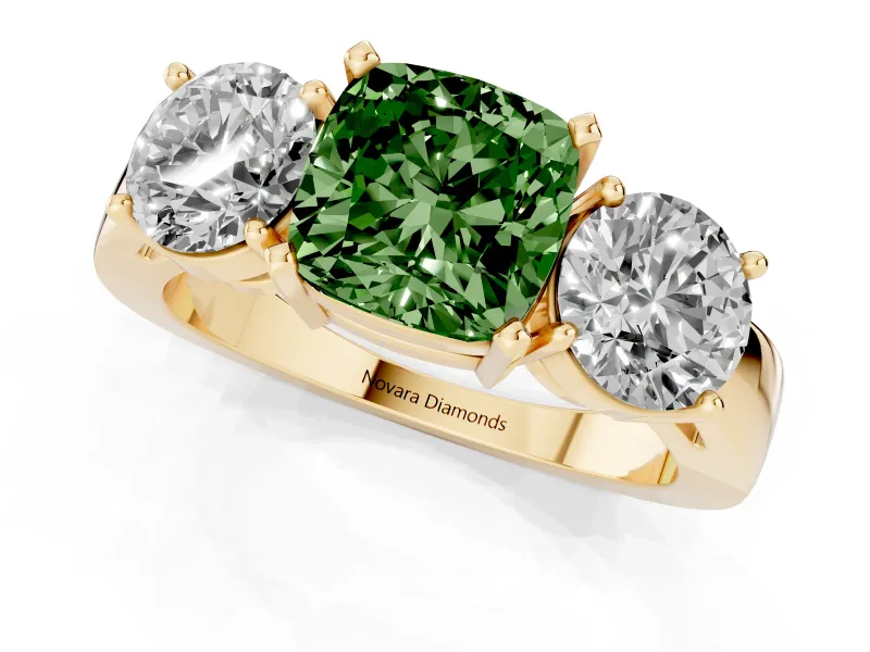 Cushion Cut Three Stone Engagement Ring Setting for a Fancy Green Lab-Grown Diamond | Wide Plain Band | Yellow Gold