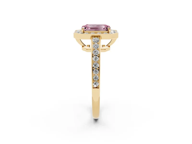 Fancy Pink Emerald Cut Diamond Halo Pavé Engagement Ring Set in Yellow gold with Bezel Setting