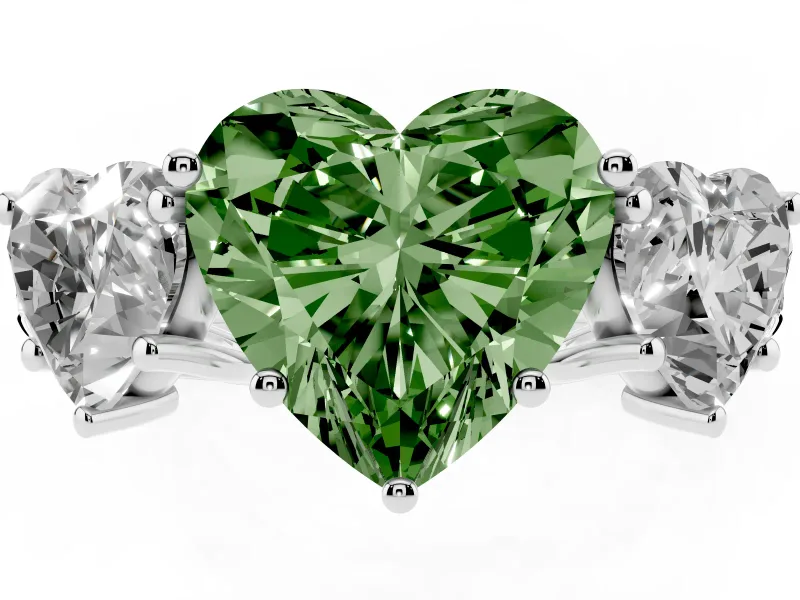 Fancy Green Heart Cut Diamond Three-Stone Ring Set in White gold with Pavé Band