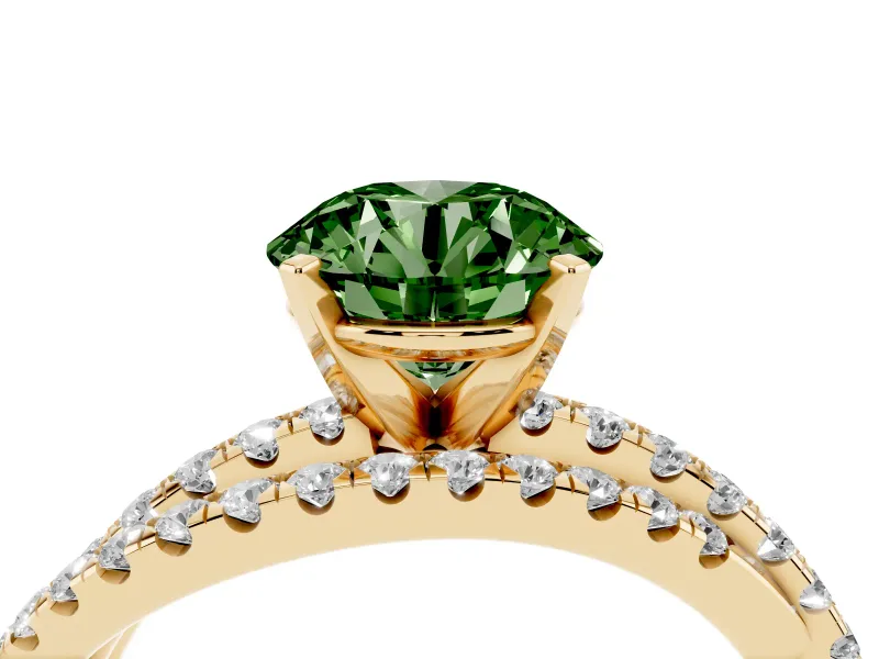 Fancy Green Round Cut Diamond Solitaire Twist Band Ring Set in Yellow gold with Pavé Setting and Prong Head