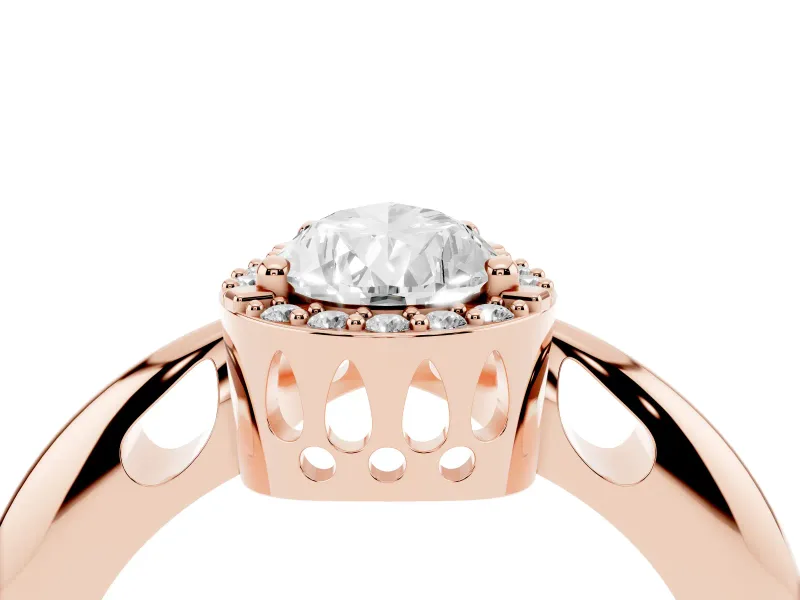 Pear Cut Diamond Halo Engagement Ring Set in Rose gold with Plain Split Shank and Prong Setting
