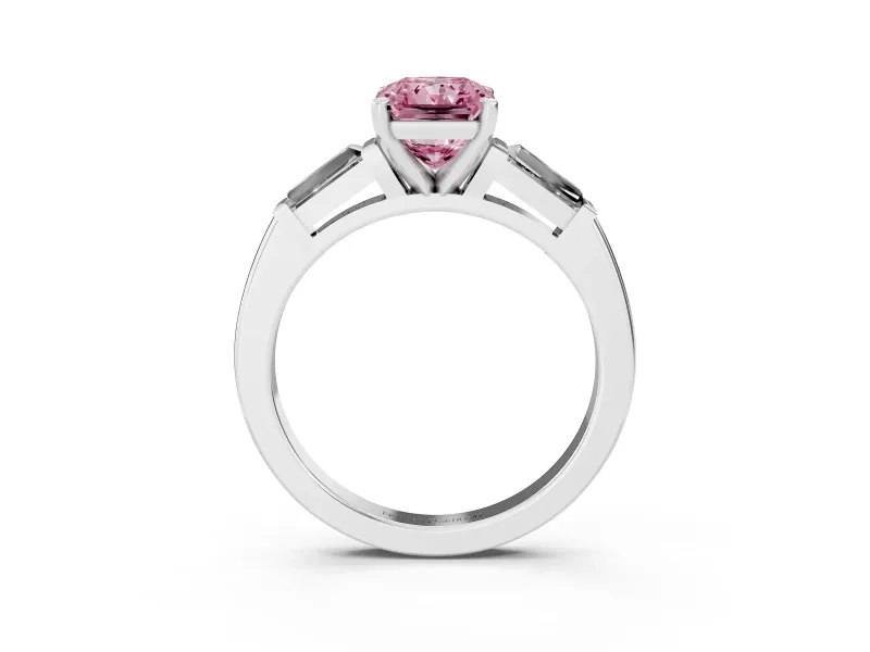 Fancy Pink Radiant Cut Diamond Solitaire Ring Set in Silver with Tapered Baguette Side Stones and Prong Setting