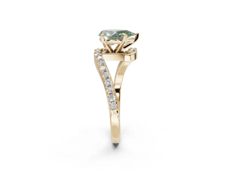 Pear-Shaped Bypass Pavé Engagement Ring Setting for a Fancy Green Lab-Grown Diamond | Yellow Gold
