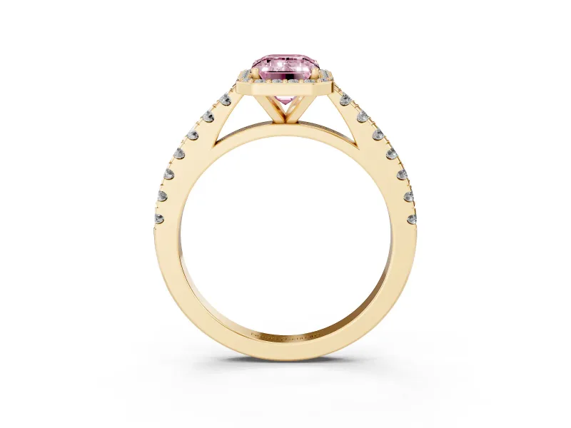Fancy Pink Emerald Cut Diamond Halo Engagement Ring Set in Yellow gold with Pavé Band and Prong Setting