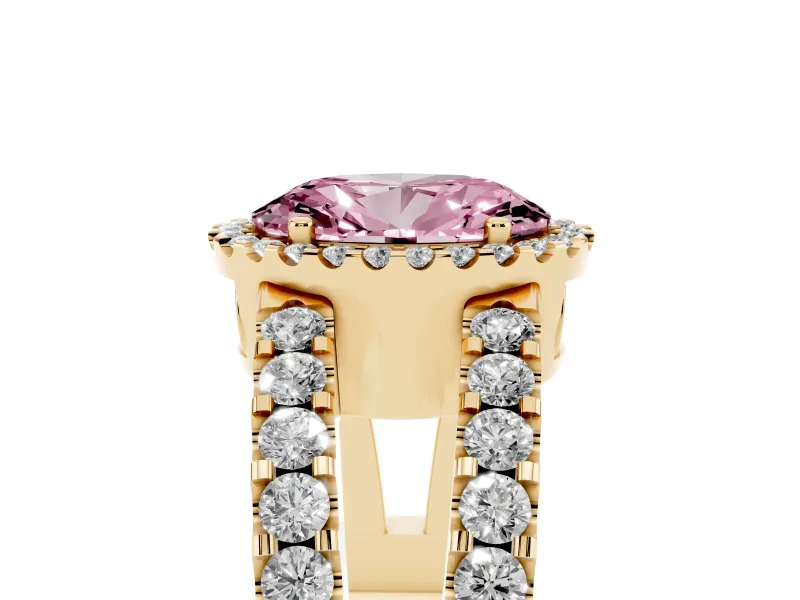 Fancy Pink Oval Cut Diamond Halo Ring Set in Yellow gold with Pavé Split Shank and Prong Setting