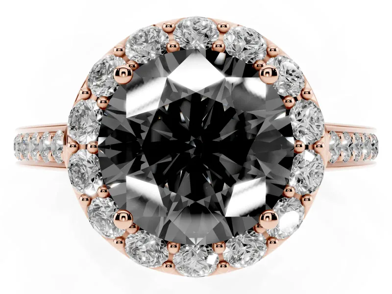 Fancy Black Round Cut Diamond Floral Halo Ring Set in Rose gold with Pavé Band and Prong Setting