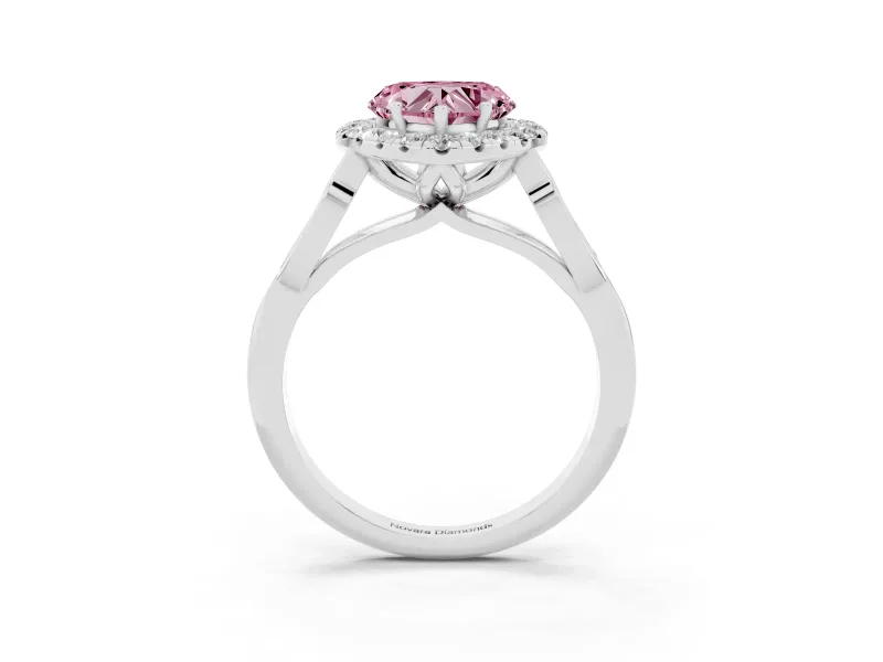 Fancy Pink Heart Cut Diamond Halo Engagement Ring Set in Platinum with Filigree Band and Prong-Set Center