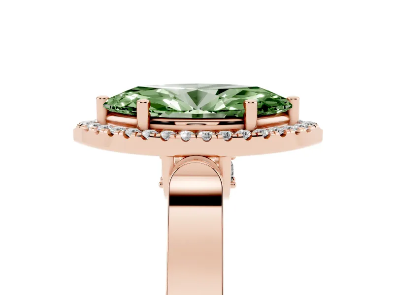 Fancy Green Marquise Cut Diamond Halo Ring Set in Rose gold with Pavé-Lined Split Shank Band