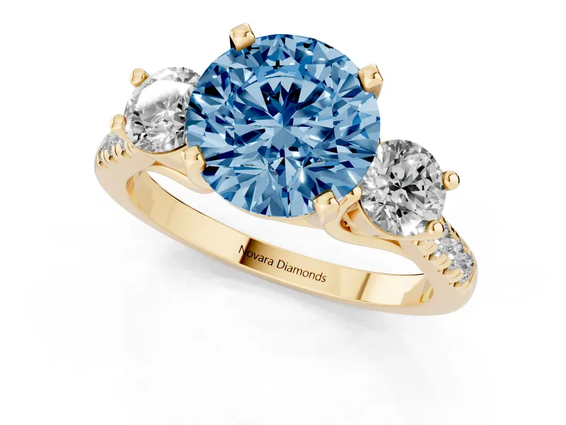 Round Three-Stone Engagement Ring Setting for a Fancy Blue Lab-Grown Diamond | Yellow Gold