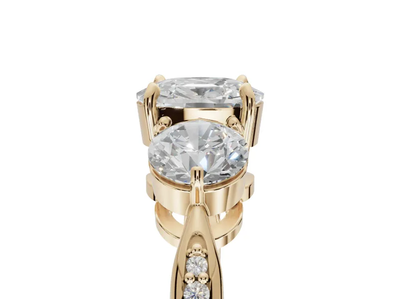 Cushion Cut Three Stone Engagement Ring Setting | Tapered Pave Band | Yellow Gold