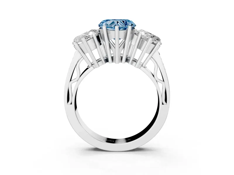 Heart-Shaped Three Stone Engagement Ring Setting for a Fancy Blue Lab-Grown Diamond | Beaded Shoulders | Platinum