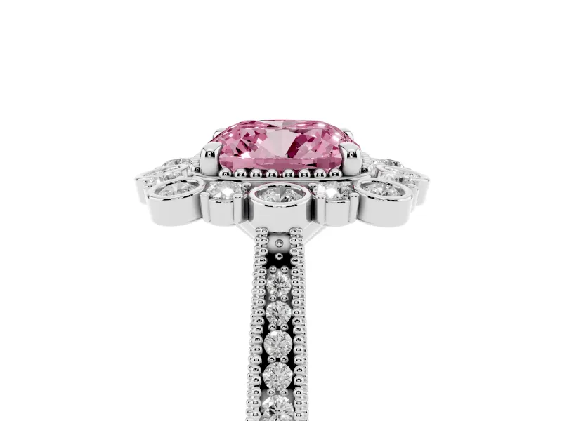 Fancy Pink Cushion Cut Diamond Halo Milgrain Pavé Ring Set in Silver with Prong Setting