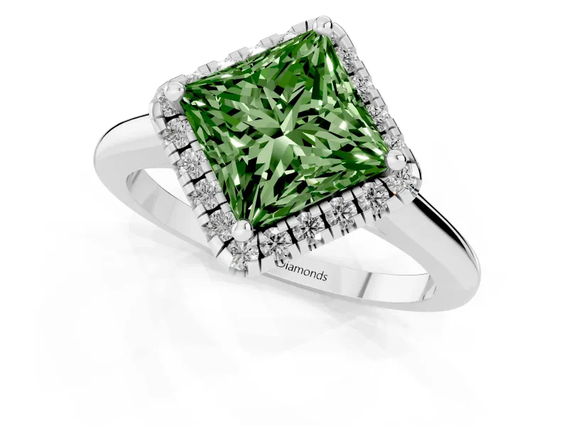 Princess Cut Halo Engagement Ring Setting for a Fancy Green Lab-Grown Diamond | Plain Polished Band | Sterling Silver