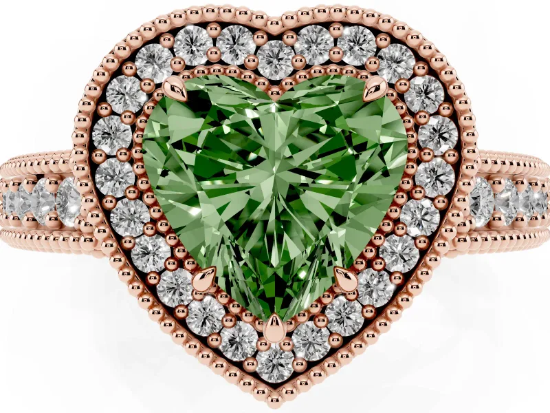 Heart-Shaped Milgrain Halo Engagement Ring Setting for a Fancy Green Lab-Grown Diamond | Carved Leaf Detail | Rose Gold