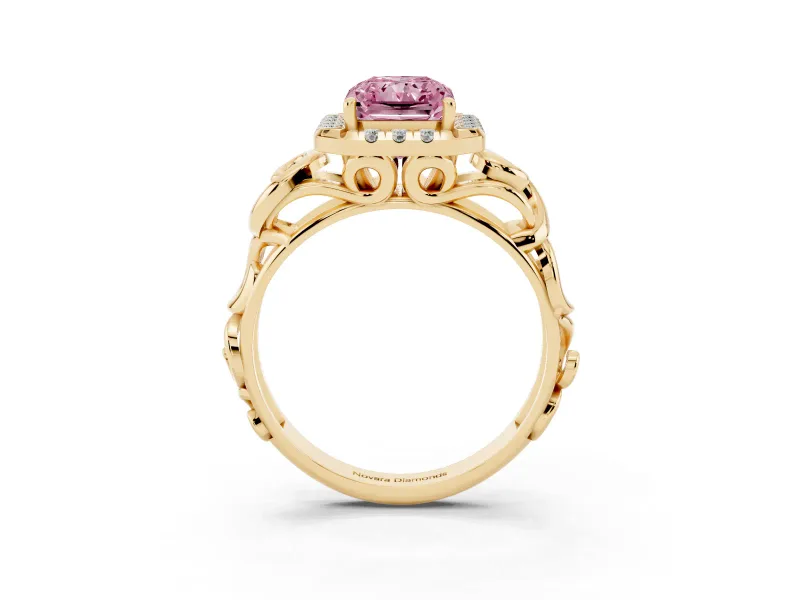 Radiant Cut Filigree Halo Engagement Ring Setting for a Fancy Pink Lab-Grown Diamond | Yellow Gold