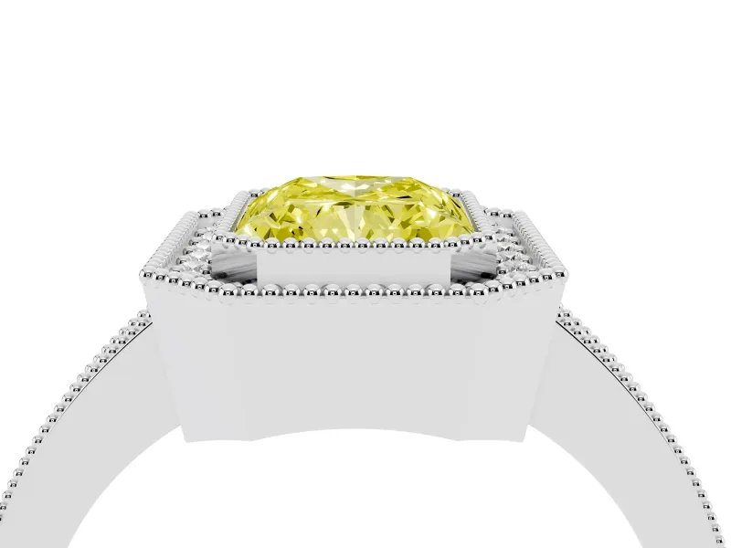 Fancy Yellow Radiant Cut Diamond Halo Engagement Ring Set in Silver with Pavé Band and Round Halo Stones