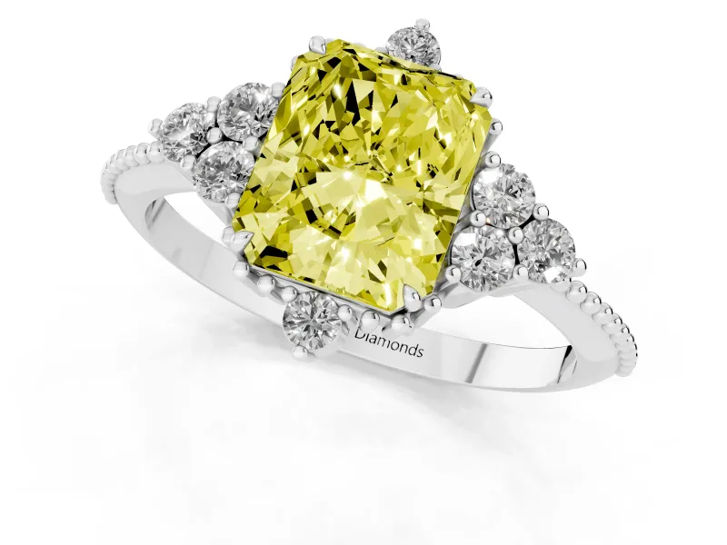 Fancy Yellow Radiant Cut Diamond Cluster Ring Set in White gold with Beaded Band