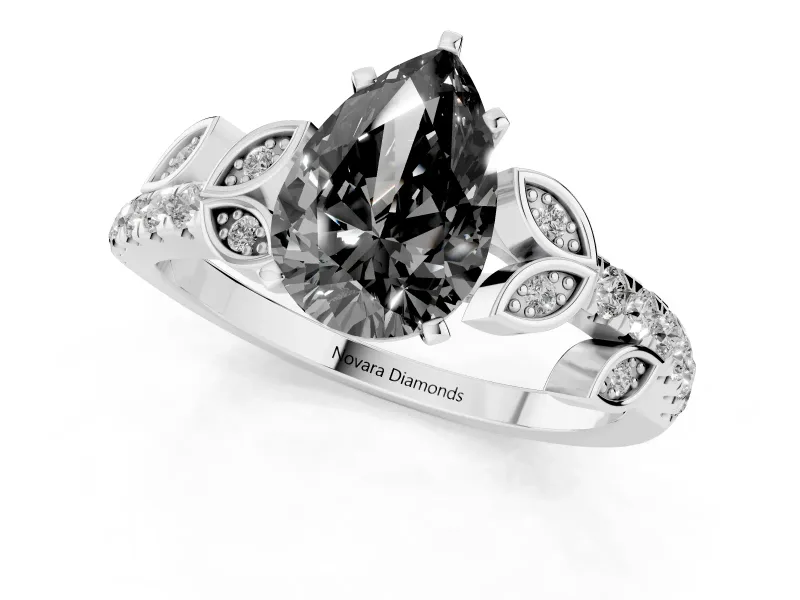 Fancy Black Pear Cut Diamond Solitaire Leaf-Inspired Ring Set in Platinum with Pavé Band and Prong Setting