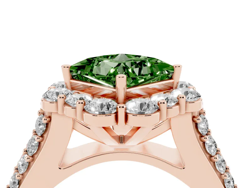 Fancy Green Princess Cut Diamond Halo Engagement Ring Set in Rose gold with Split Shank and Prong Setting
