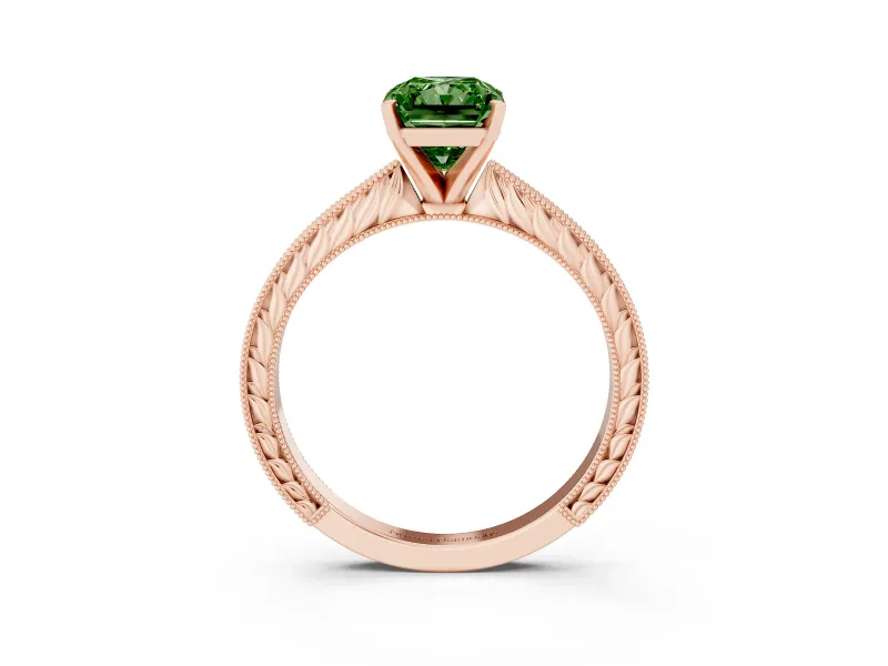 Radiant Cut Engraved Engagement Ring Setting for a Fancy Green Lab-Grown Diamond | Rose Gold