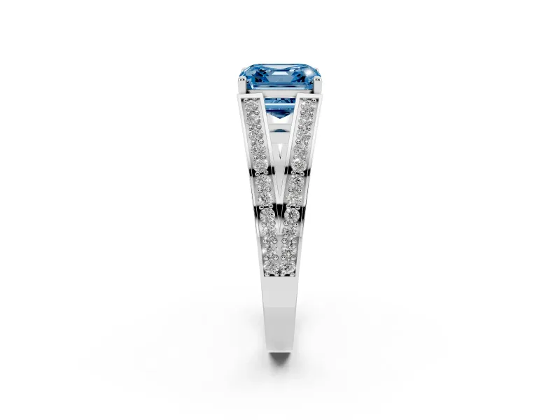 Fancy Blue Asscher Cut Diamond Split Shank Ring Set in White gold with Pavé Band and Prong Setting