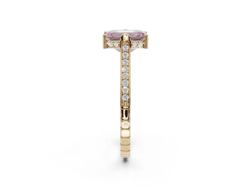Emerald Cut Vintage Cathedral Engagement Ring Setting for a Fancy Pink Lab-Grown Diamond | Carved Band | Yellow Gold