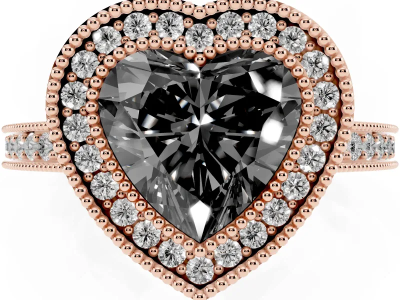 Heart-Shaped Double Milgrain Halo Engagement Ring Setting for a Black Center | Pavé Band | Rose Gold