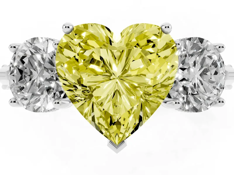 Fancy Yellow Heart Cut Diamond Three-Stone Ring Set in Silver with Milgrain Band