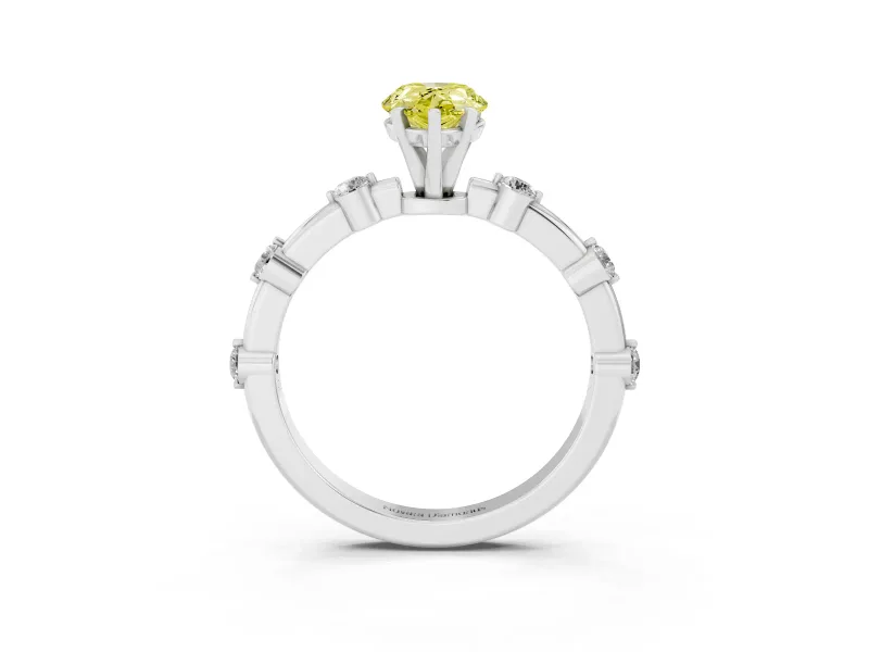 Fancy Yellow Pear Cut Diamond Solitaire Ring Set in Silver with Bezel Set Side Stones and Prong Setting