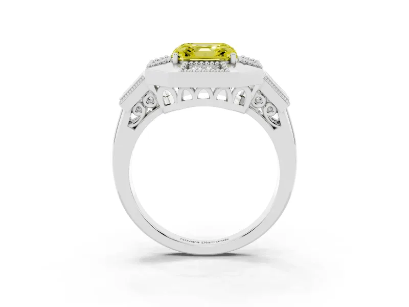 Fancy Yellow Asscher Cut Diamond Milgrain Halo Ring Set in Silver with Split Shank