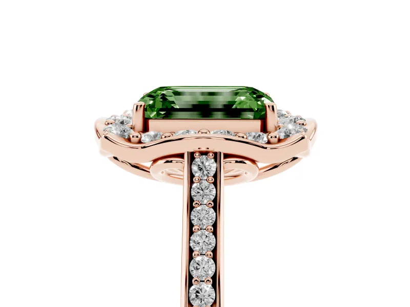 Emerald Cut Petal Tip Halo Engagement Ring Setting for a Fancy Green Lab-Grown Diamond | Pavé Band | Rose Gold
