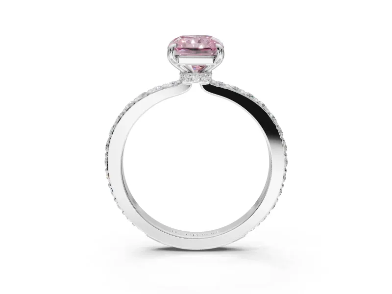 Radiant Cut Hidden Halo Engagement Ring Setting for a Fancy Pink Lab-Grown Diamond | Pavé Band | White Gold