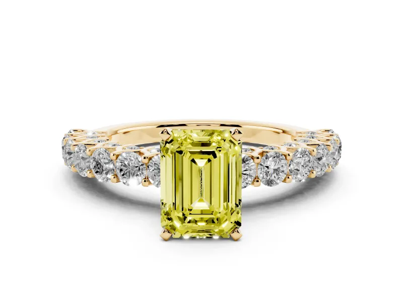 Fancy Yellow Emerald Cut Diamond Solitaire Ring Set in Yellow gold with Shared Prong Pavé Band