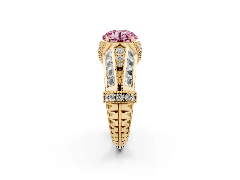Round Vintage Milgrain Engagement Ring Setting for a Fancy Pink Lab-Grown Diamond | Hidden Halo | Yellow Gold