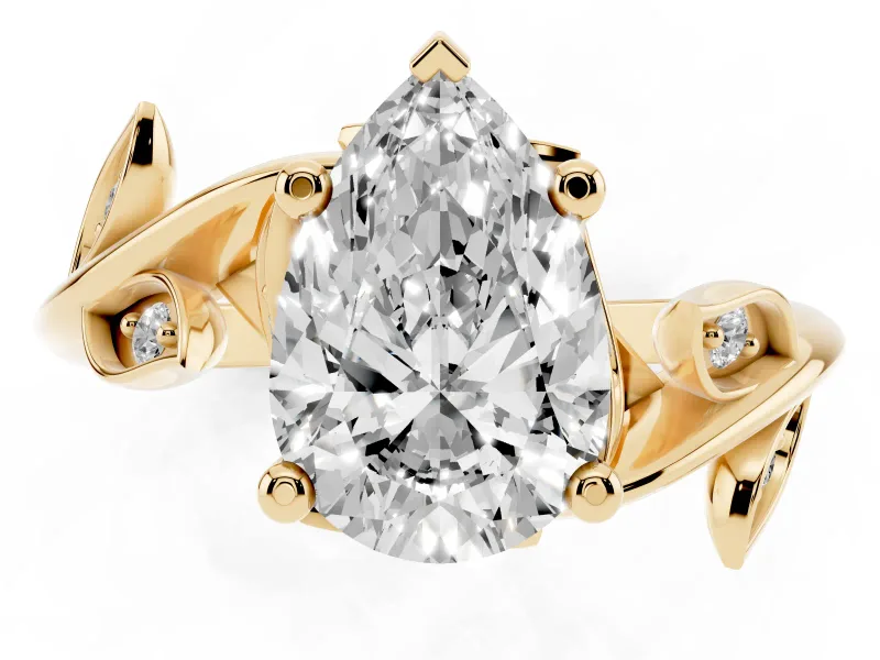 Pear-Shaped Twisted Bypass Engagement Ring Setting | Accented Leaves | Yellow Gold