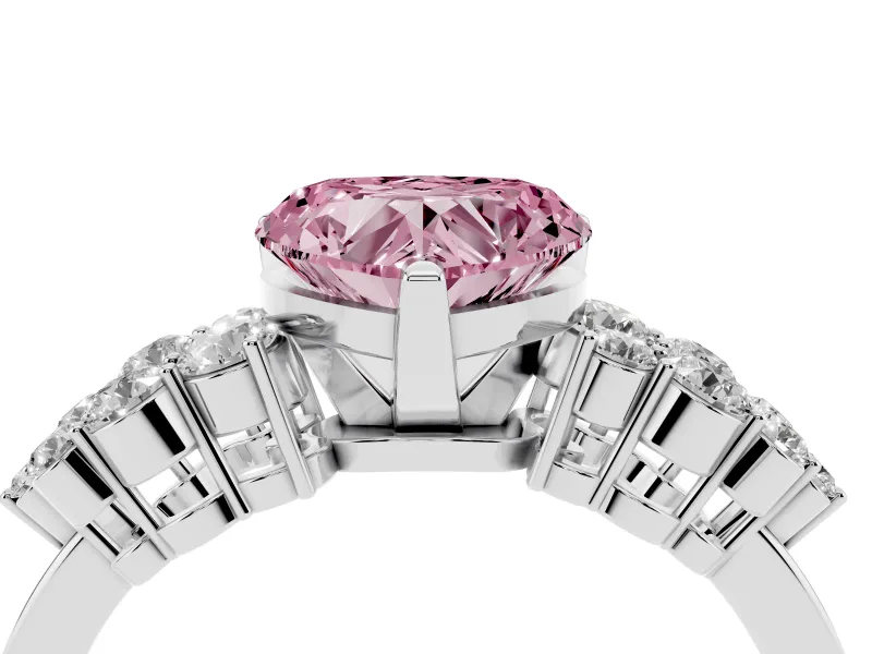 Fancy Pink Heart Cut Diamond Cluster Engagement Ring Set in White gold with Pavé Band and Prong Setting