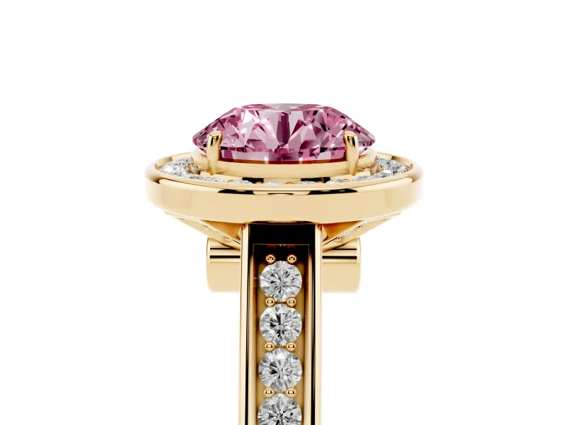 Fancy Pink Round Cut Diamond Halo Solitaire Ring Set in Yellow gold with Pavé Band and Bezel Setting
