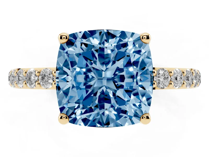 Cushion Cut Pave Solitaire Engagement Ring Setting for a Fancy Blue Lab-Grown Diamond | Slim Band | Yellow Gold