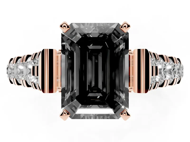 Fancy Black Emerald Cut Diamond Classic Solitaire Ring Set in Rose gold with Pavé Band and Prong Setting