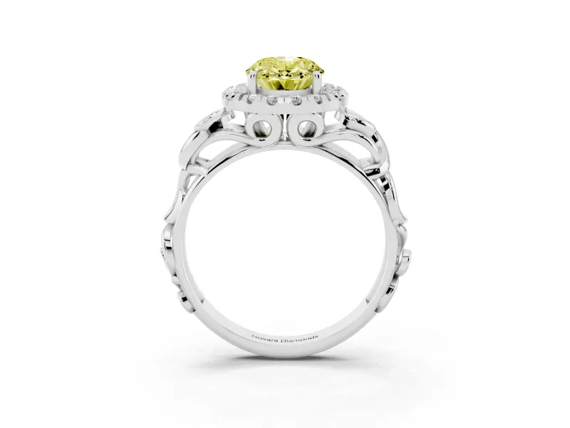 Fancy Yellow Oval Cut Diamond Halo Ring Set in Silver with Scrollwork Band and Prong Setting