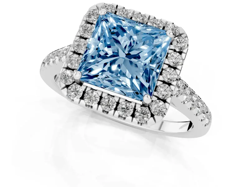 Princess Cut Halo Engagement Ring Setting for a Fancy Blue Lab-Grown Diamond | Pave Shoulders | Sterling Silver