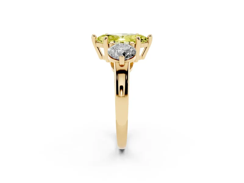 Fancy Yellow Marquise Cut Diamond Three-Stone Ring Set in Yellow gold with Prong Setting and Classic Band