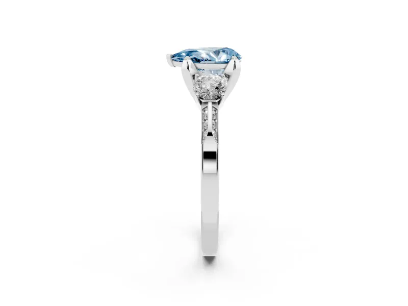 Pear-Shaped Hidden Halo Three Stone Engagement Ring Setting for a Fancy Blue Lab-Grown Diamond | Pave Gallery | Platinum