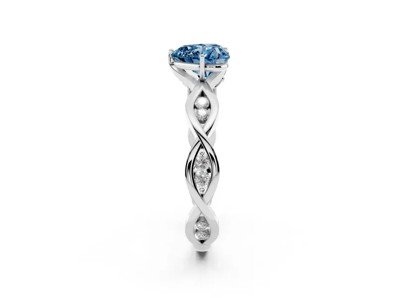 Fancy Blue Heart Cut Diamond Twist Band Solitaire Ring Set in White gold with Leaf Prong Setting and Accent Stones