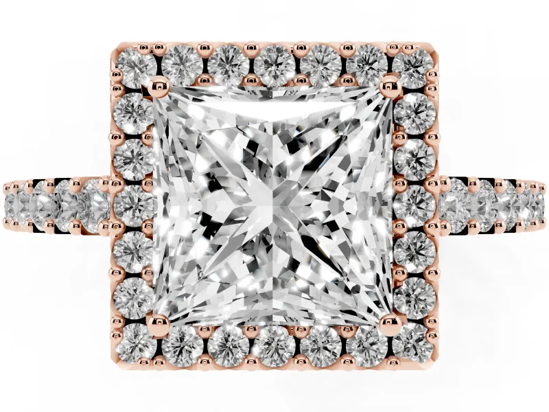 Princess Cut Diamond Halo Pavé Solitaire Ring Set in Rose gold with Prong-Set Center Stone