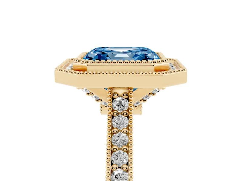 Asscher Cut Vintage Milgrain Halo Engagement Ring Setting for a Fancy Blue Lab-Grown Diamond | Bezel Head | Yellow Gold