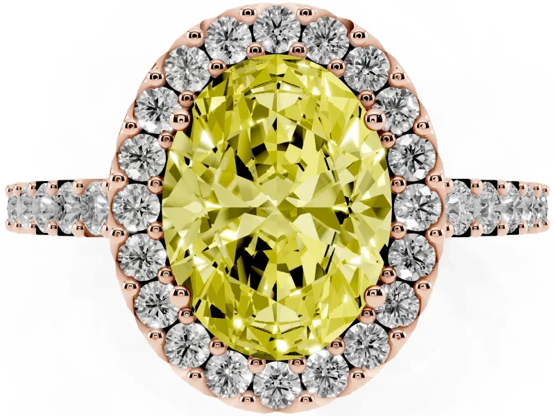 Fancy Yellow Oval Cut Diamond Halo Pavé Solitaire Ring Set in Rose gold with Prong-Set Center Stone