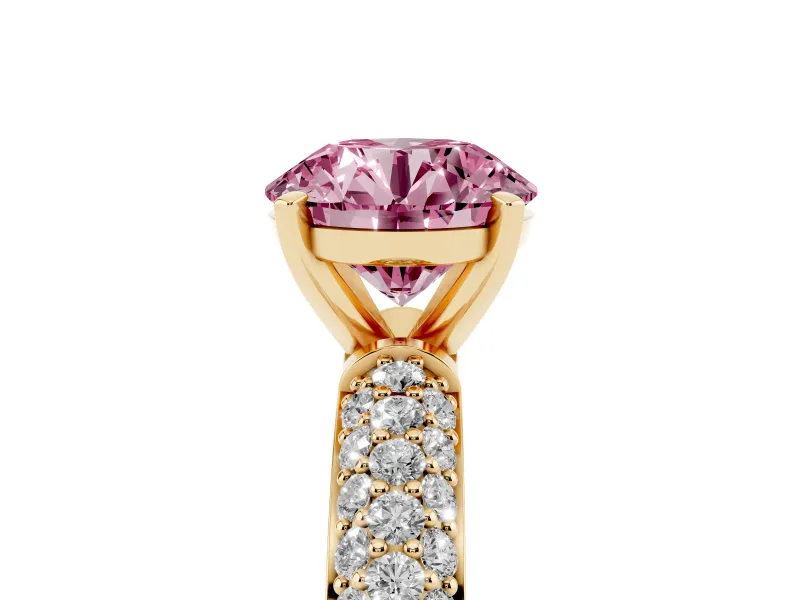Fancy Pink Round Cut Diamond Solitaire Ring Set in Yellow gold with Prong Setting and Pavé-Set Band