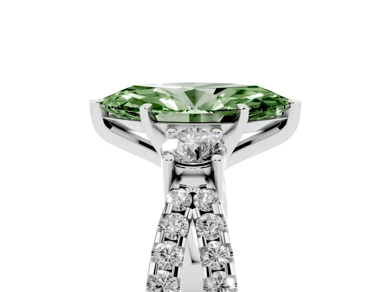 Fancy Green Marquise Cut Diamond Three-Stone Ring Set in Silver with Pavé Split Shank and Prong Setting
