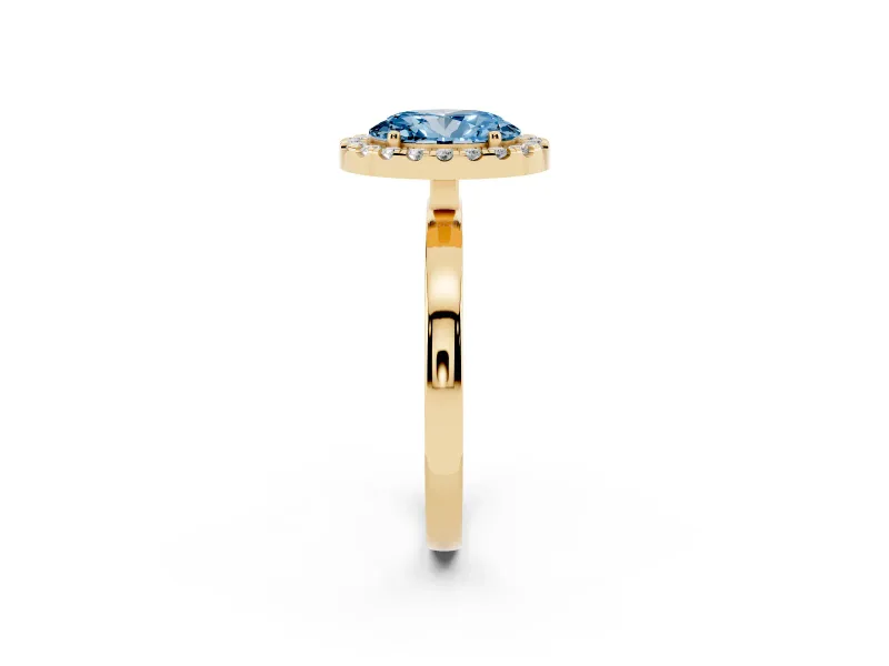 Fancy Blue Oval Cut Diamond Halo Solitaire Ring Set in Yellow gold with Pavé Band and Prong Setting